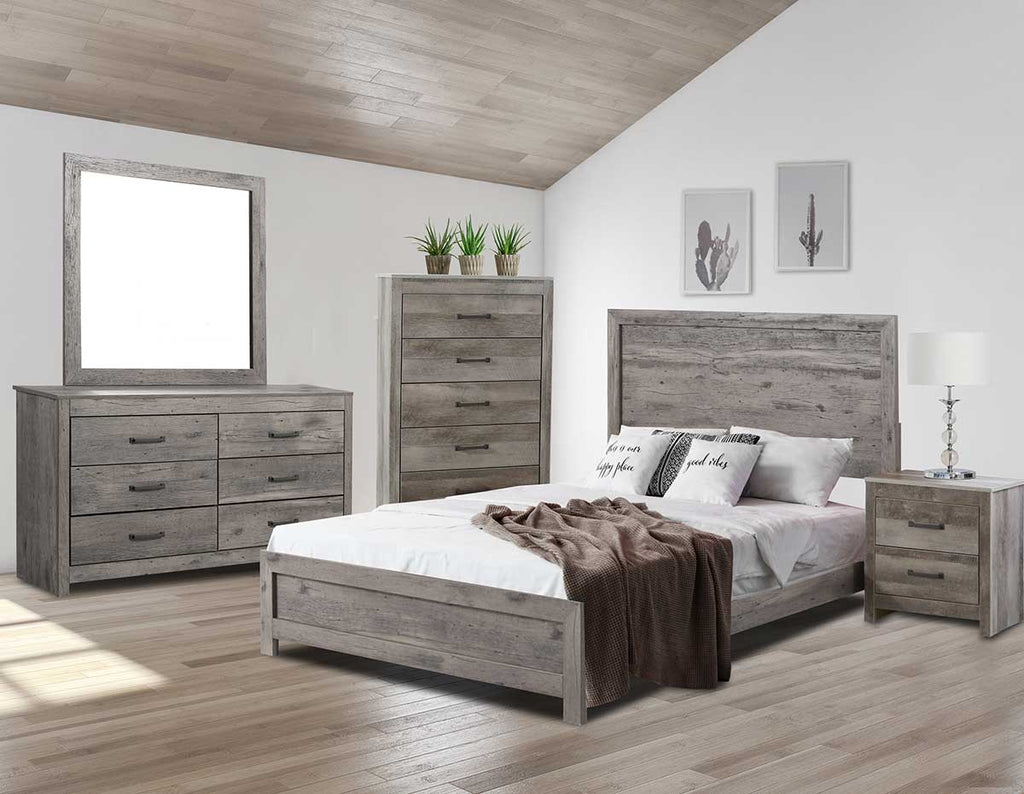 Grey bedroom set, dresser with mirror, made bed with bedding, night stand and chest