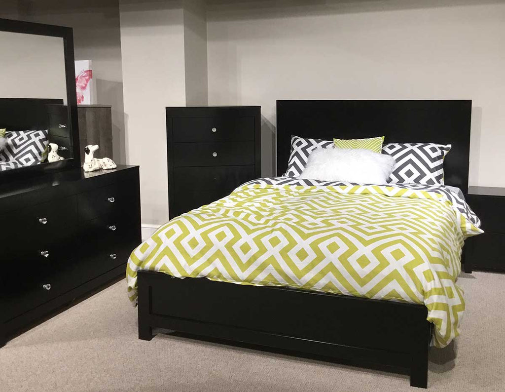 Black bedroom set with dresser and mirror. High headboard and chest of drawers.