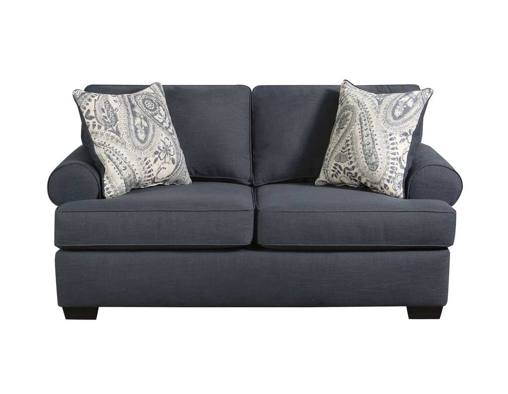 Front angle morgan loveseat in blue with two throw pillows