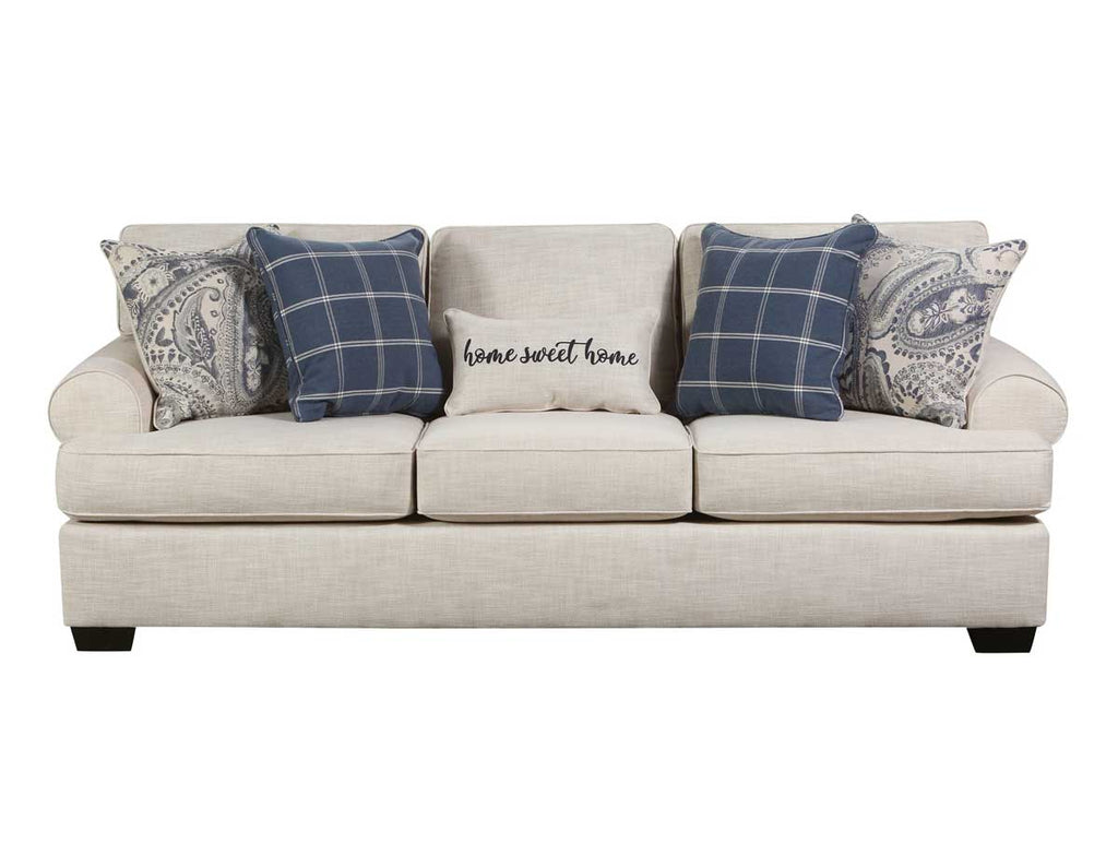 Front View view of a beige Morgan Sofa with throw pillows